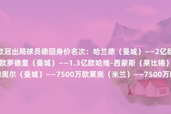 欧冠出局球员德回身价名次：哈兰德（曼城）——2亿欧福登（曼城）——1.4亿欧罗德里（曼城）——1.3亿欧哈维-西蒙斯（莱比锡）——8000万欧格瓦迪奥尔（曼城）——7500万欧莱奥（米兰）——7500万欧约克雷斯（葡萄牙体育）——7500万欧鲁本-迪亚斯（曼城）——7500万欧多库（曼城）——6000万欧奥蓬达（莱比锡）——6000万欧    亚洲足球买球站体育信息